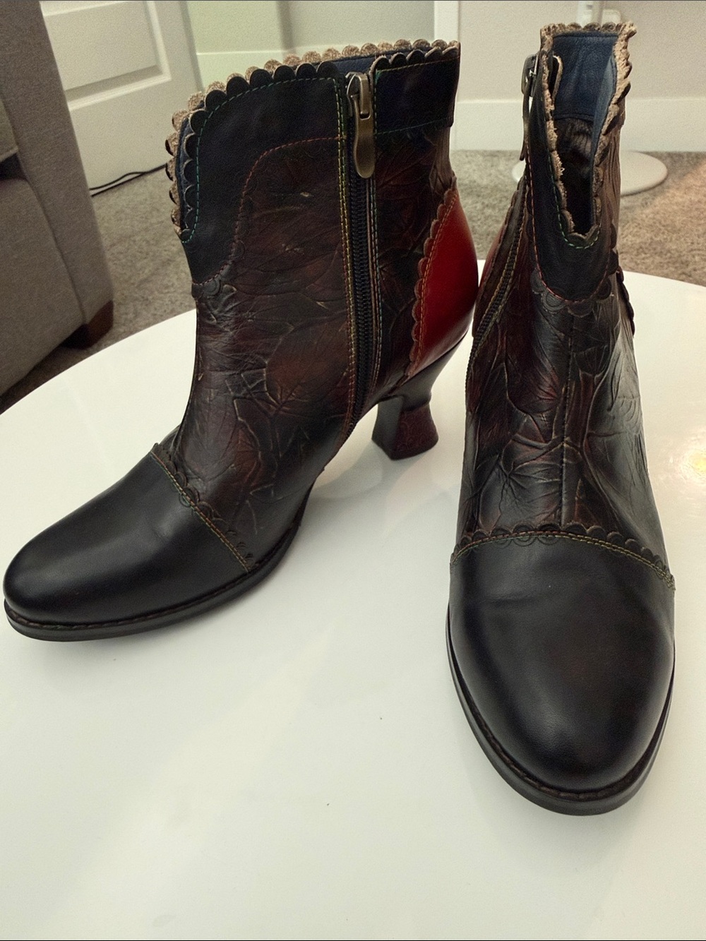 L’Artiste Women’s Leather Ankle Boots - Black & Brown with Red Accent